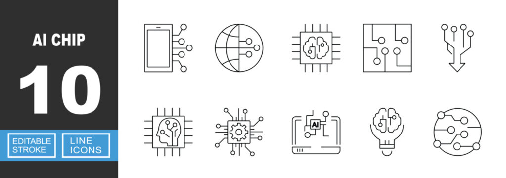 AI Chip icon. Includes artificial intelligence, processor chip, electronic circuit, digital brain, hardware technology. Editable stroke line icons.