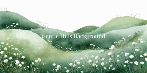 Naklejka premium Watercolor landscape with green grass fields and wildflowers. Spring meadow scene with mountains, blue sky, and blooming daisies creates serene natural background for design.