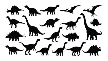 A collection of various dinosaur species are depicted in stark black silhouettes showcasing prehistoric life silhouette high quality professional detailed modern © JASMIN