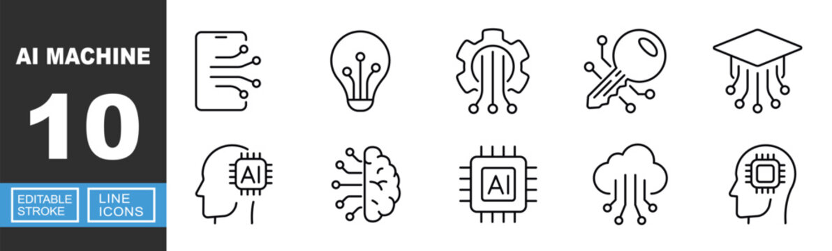 AI Machine icon. Includes artificial intelligence, smart tech, processor chip, cloud network, digital brain. Editable stroke line icons.