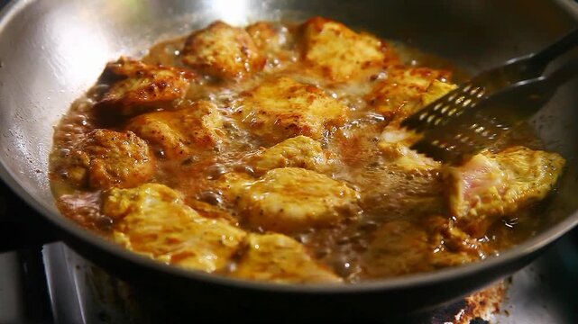 Season chicken breast fillet being cooked on a frying pan