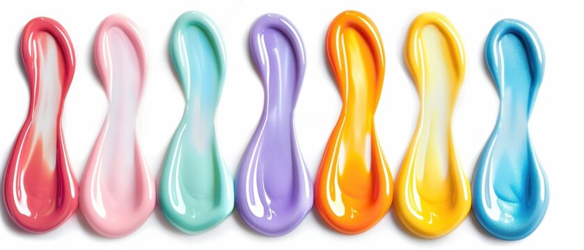  Conjunto de amostras de esmalte de unhas colorido. Gotas de gel grossas em cores vibrantes isoladas no fundo branco.