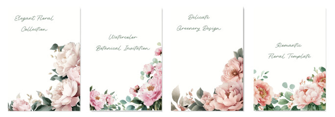 Watercolor floral collection featuring delicate pastel peony blossoms and green foliage, creating elegant botanical invitations and romantic wedding templates © Narin
