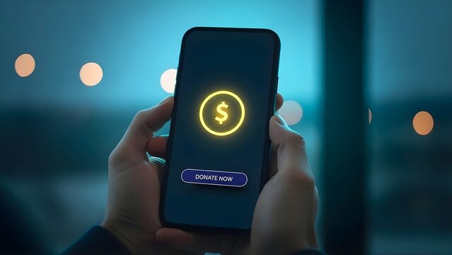 Digital Philanthropy: Hands Holding Smartphone with Online Donation App, Non-Profit Fundraising Technology: Giving Back Through Secure Mobile Payments