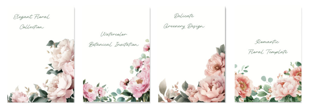 Watercolor floral collection featuring delicate pastel peony blossoms and green foliage, creating elegant botanical invitations and romantic wedding templates