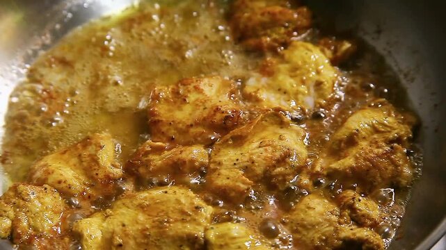 Season chicken breast fillet being cooked on a frying pan