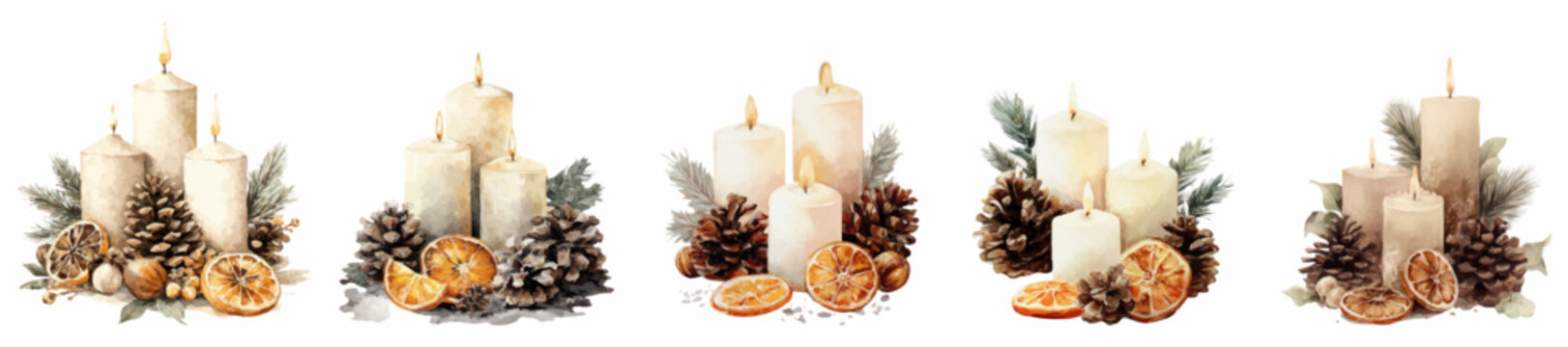 Christmas watercolor arrangements featuring burning candles, pine cones, dried orange slices, and evergreen branches, creating a warm winter holiday atmosphere