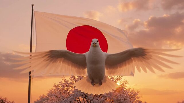 Peaceful white dove flying in front of japanese flag against a picturesque sunset sky flying dove peaceful dove