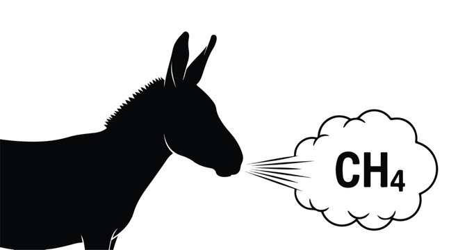 Methane gas emission from livestock vector illustration. Donkey silhouette exhaling CH4 greenhouse gas cloud. Agricultural carbon footprint and climate change.