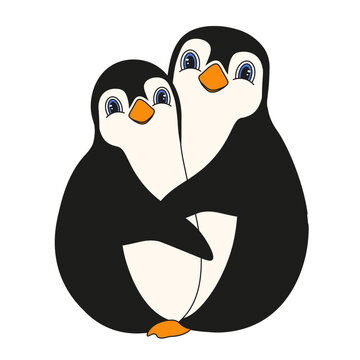 Adelie Penguin hug each other. World Hug Day template design. Cute Hugging Penguins isolated transparent background. Vector illustration. EPS 10
