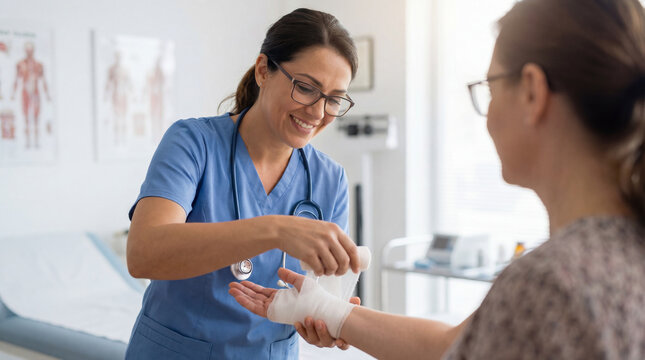 Smiling nurse bandaging patient hand during outpatient treatment in modern medical clinic.