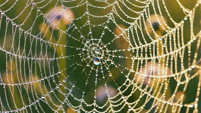 Delicate intricate spiderweb glistening with morning dewdrop. beautiful macro view of wet gossamer trap against soft green background