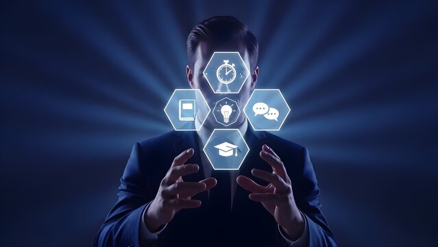 Professional man interacting with floating holographic technology icons with businessman touching glowing digital symbols communication intelligence