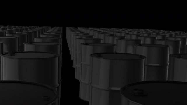 Moving across hundreds of black crude oil barrel drums with a black background. Ideal for financial videos about global gas prices, and stock market analysis of the energy sector. 3D.