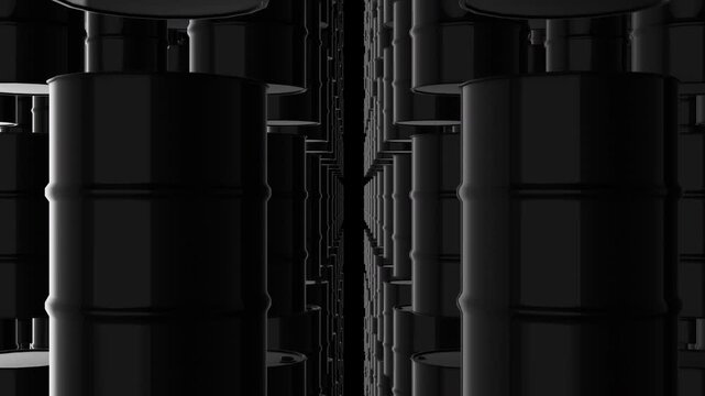 Rising Shot Showing Thousands of black crude oil barrel drums against a black backdrop. Ideal for financial videos about gas prices, and stock market analysis of the energy sector. 3D.