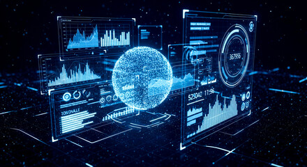 Obraz premium Futuristic digital data analytics dashboard glowing blue holographic screen charts graphs globe sphere big data concept cyberspace virtual reality internet network business intelligence technology