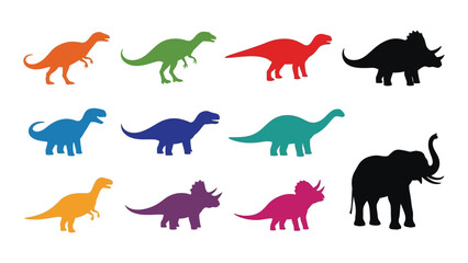 Colorful depictions of various prehistoric creatures including dinosaurs and an elephant presented as a striking silhouette high quality professional detailed modern © JASMIN