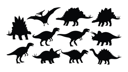 A collection of various dinosaur species are depicted in stark black shapes against a white background a striking silhouette high quality © JASMIN