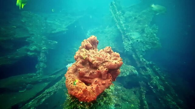 Orange sponge growing on the USAT Liberty shipwreck in Bali, Indonesia, with underwater wreck structure fading into blue water at the Tulamben dive site.
