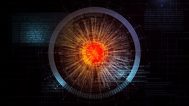 Conceptual 4K motion graphic of a central processing unit or neural core. Ideal for quantum computing, artificial intelligence, and deep learning visuals.