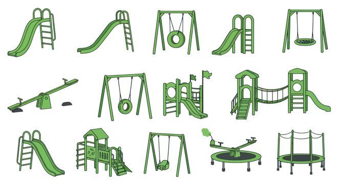 Collection of Green Playground Equipment, Slides, Swings, See-saws, Trampoline