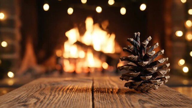 A single pinecone rests on a rustic wooden table in front of a warm, glowing fireplace with festive string lights in the background