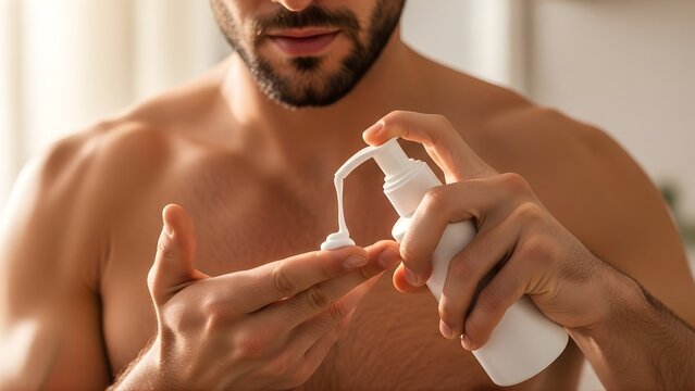 Young man with beard squeezing white lotion from pump bottle into palm for skincare routine with captures shirtless man dispensing white cream
