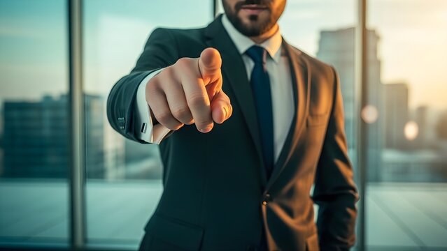 Confident businessman in suit pointing finger directly at viewer against blurred office window background with professional formal attire pointing forward authority