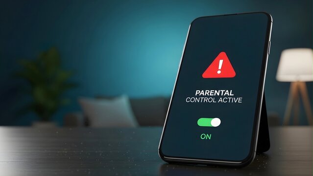 Smartphone displaying parental control active interface mobile device safety concept digital restriction settings with active screen warning