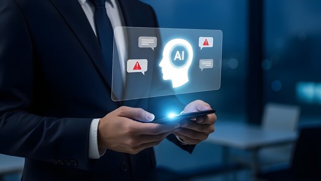 Businessman holding smartphone with holographic artificial intelligence head projection and warning notification icons in dark office with projecting holographic