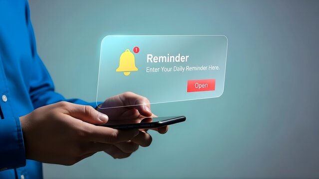 Closeup of hands using smartphone with holographic reminder notification displayed above device in blue shirt with reminder interface floating