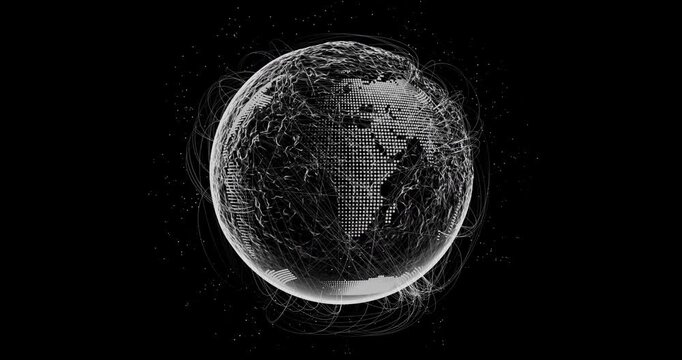 Intricate web of interconnected data lines surrounding a digital globe. Perfect for 5G connectivity, cloud computing, and globalization themes.