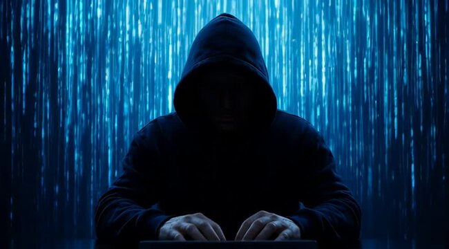 Hooded hacker typing on computer keyboard with digital code background cybersecurity technology dark web concept