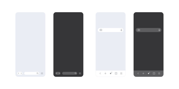 Mobile browser interface set in light and dark mode with different search line and browser icons. Generic phone screen window, outline page bar with smartphone frame icon.