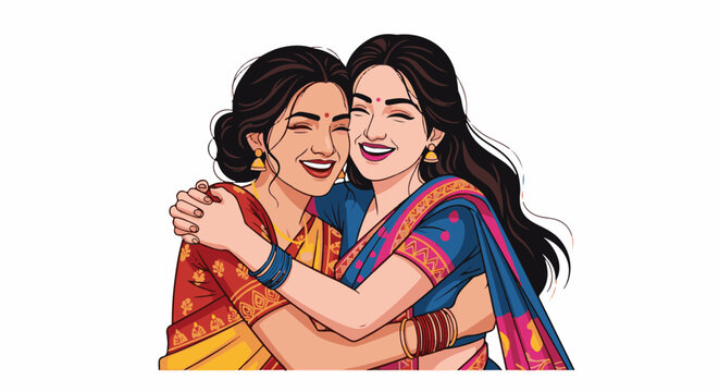 Two women in colorful saris embrace with joyful smiles and bangles