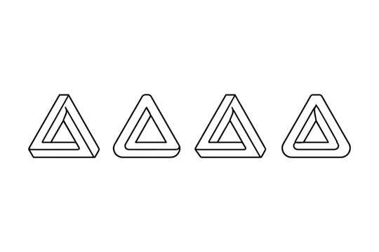 Four impossible triangles in a row, a visual paradox on a white background