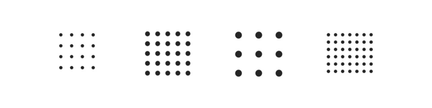 Set of four different sized dot matrix patterns on a white background