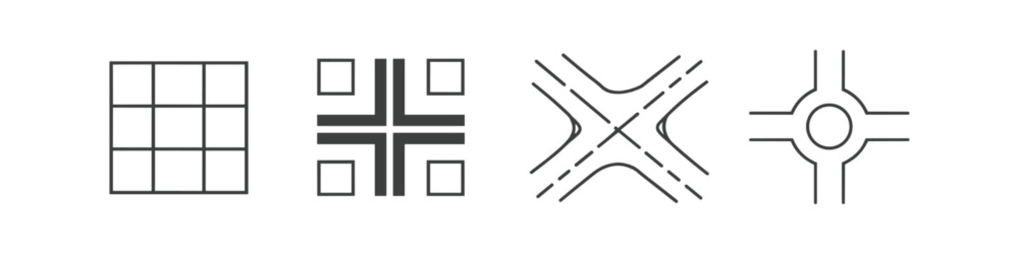 Collection of simplified road intersection icons and a grid pattern