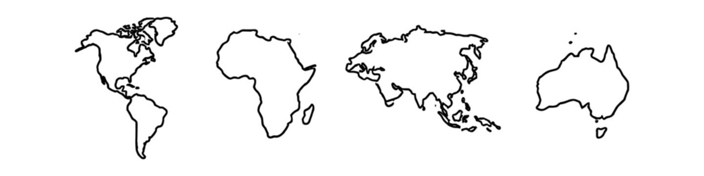 Simple outline maps of continents displayed side by side on white background