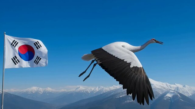 Crane flying against a clear blue sky over snow-capped mountains with waving south korean flag in the foreground