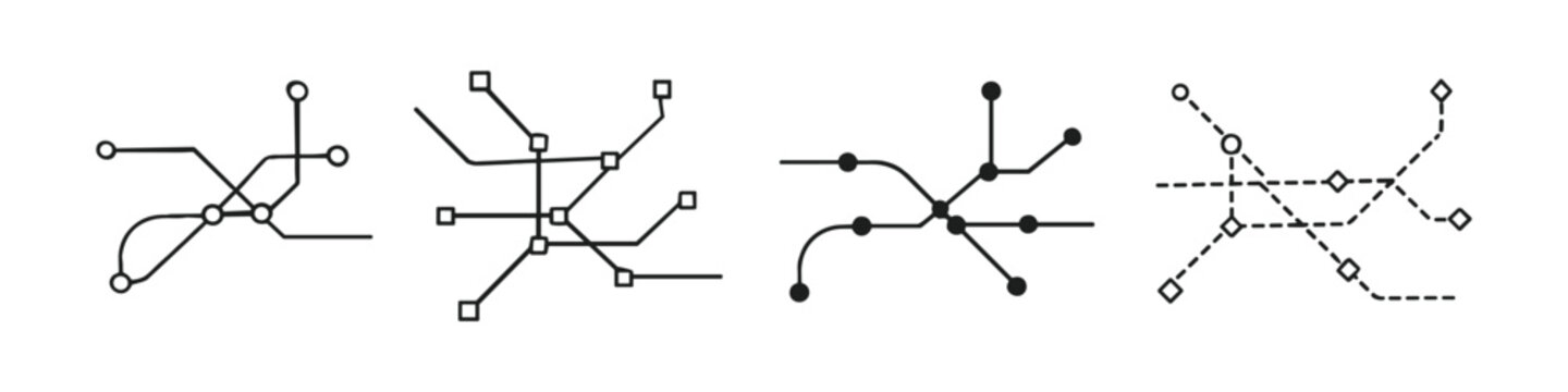 Collection of simplified transit maps with different station markers and line styles