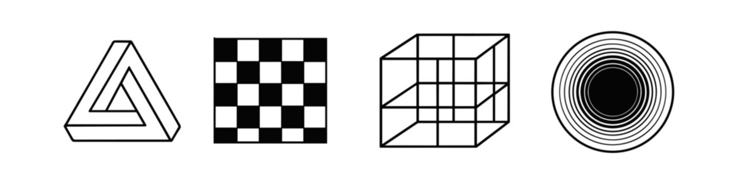 Collection of optical illusions and geometric shapes on a white background