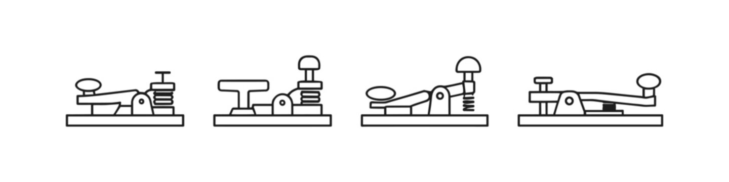 Collection of vintage Morse code telegraph keys in a simple line art style