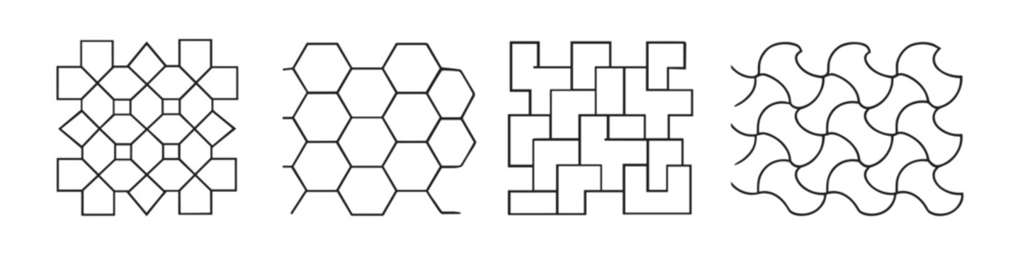 Collection of four geometric tiling patterns and tessellations in black and white