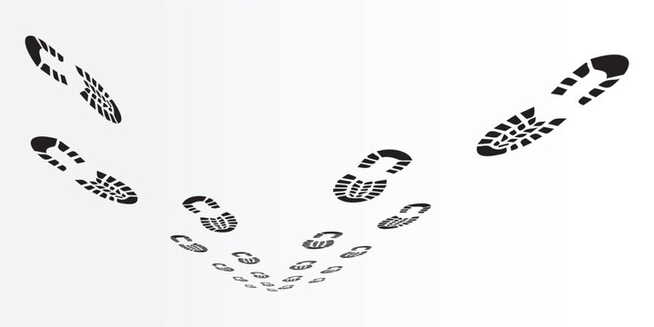 Black Boot Footprints Pattern Leading Away in V-Shaped Perspective Over White Background