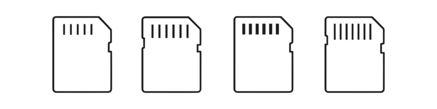 Collection of four minimalist line art icons representing SD memory cards on a white background