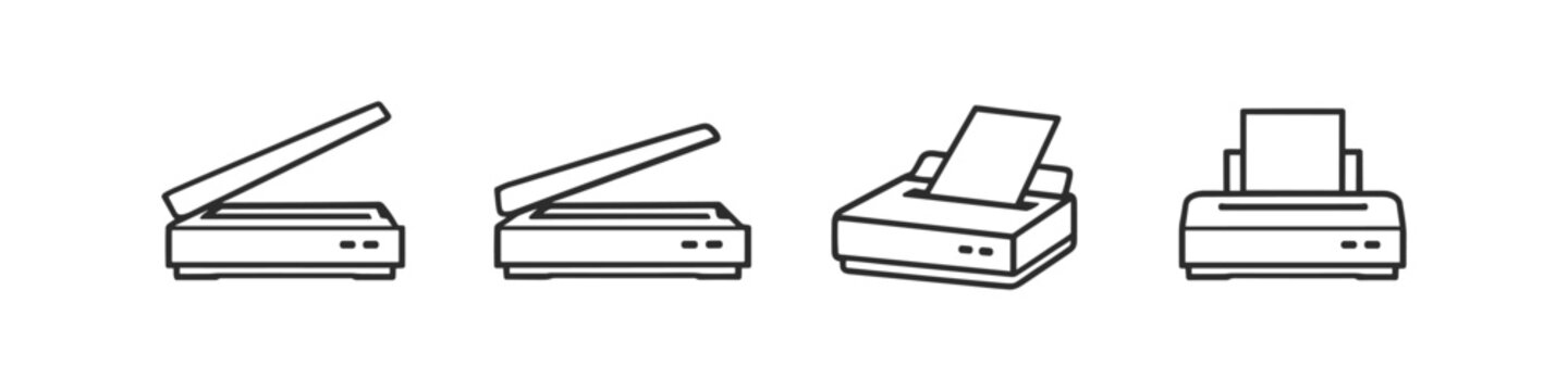 Set of line art icons representing scanners and printers in different perspectives