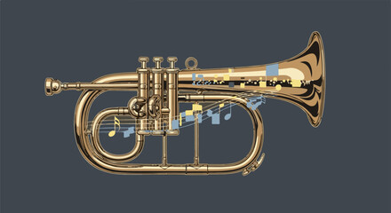 Obraz premium A golden cornet with abstract musical notes and geometric shapes