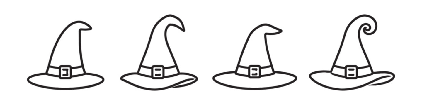 Collection of four distinct witch hats with buckles and varied pointed tops