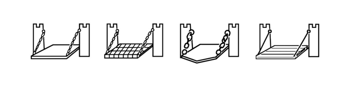 Collection of drawbridge icons representing different designs and materials for castle access